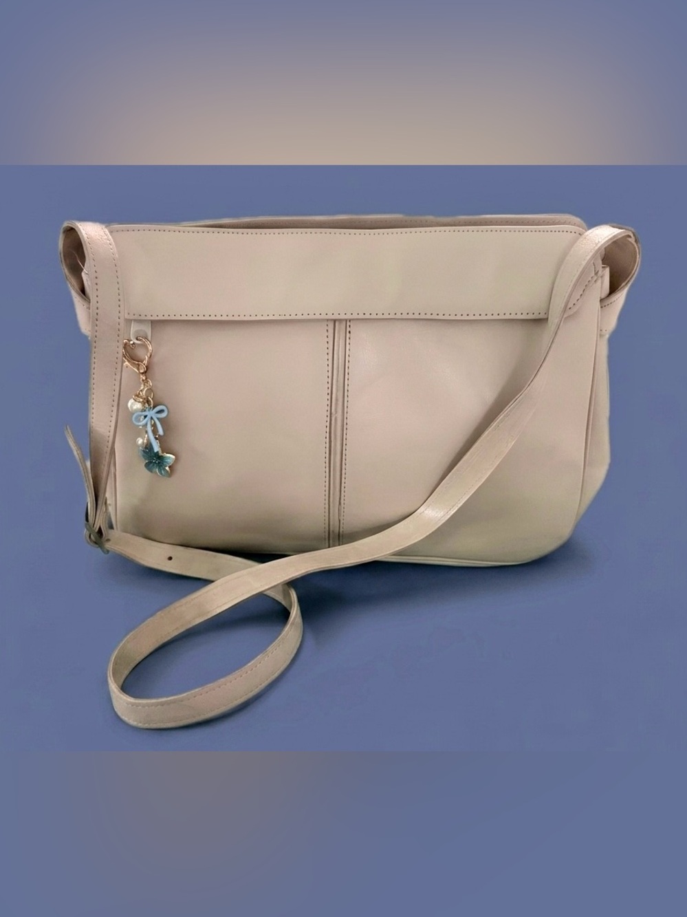 Tano Beige Leather Flap Crossbody Messenger Bag